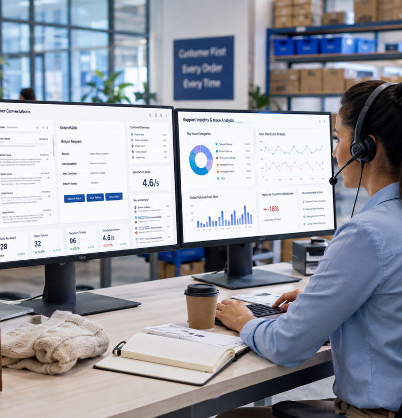 Ecommerce Customer Service Outsourcing - a support agent on a headset working customer conversations and a return request