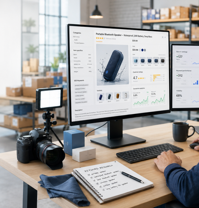 Product Listing Optimisation Services - a marketplace listing with item specifics, variants and keyword research