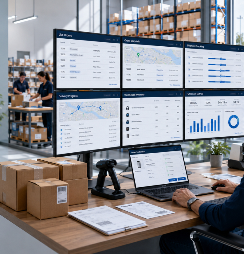 Ecommerce Order Fulfilment Services - a wall of screens showing live orders, dispatch, shipment tracking