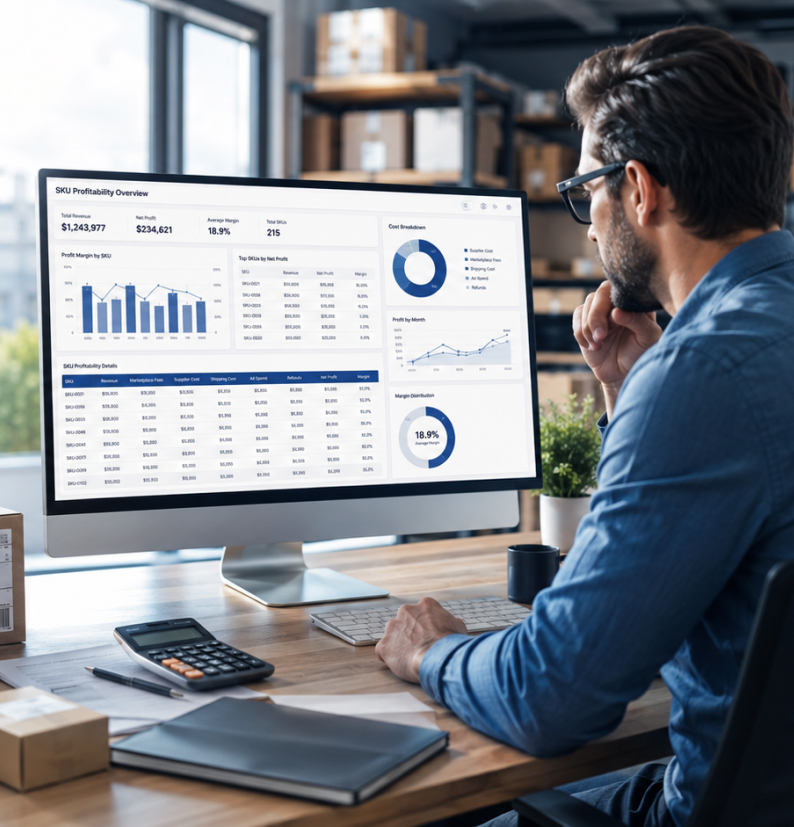 Ecommerce Product Research Services - a seller reviewing revenue, net profit and margin by product at a desk