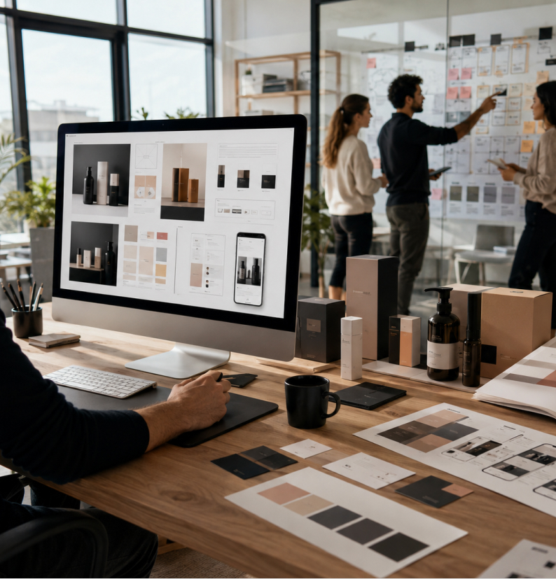 Ecommerce Store Building Services - a brand board and storefront layouts on screen beside packaging samples