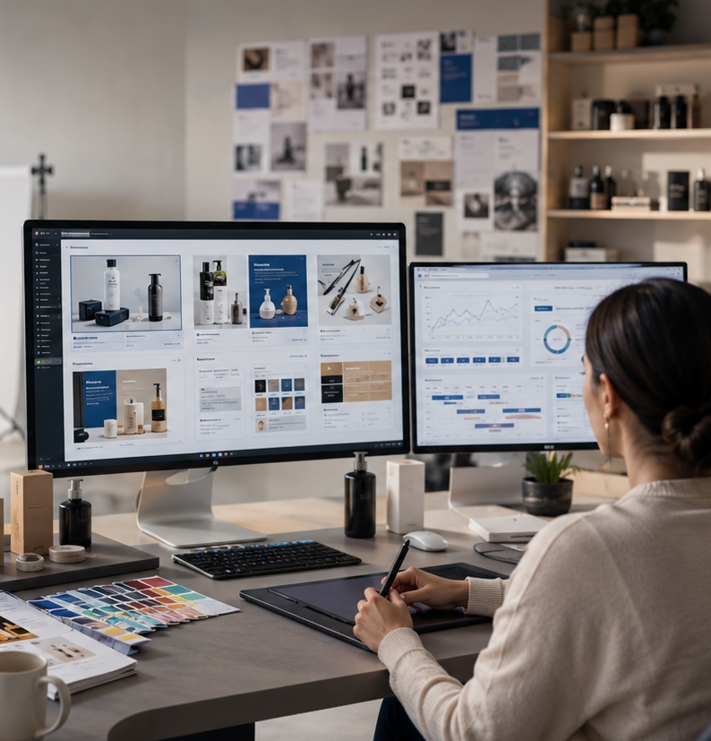 Ecommerce Store Promotion - a designer laying out store and campaign content on one screen with performance charts on another