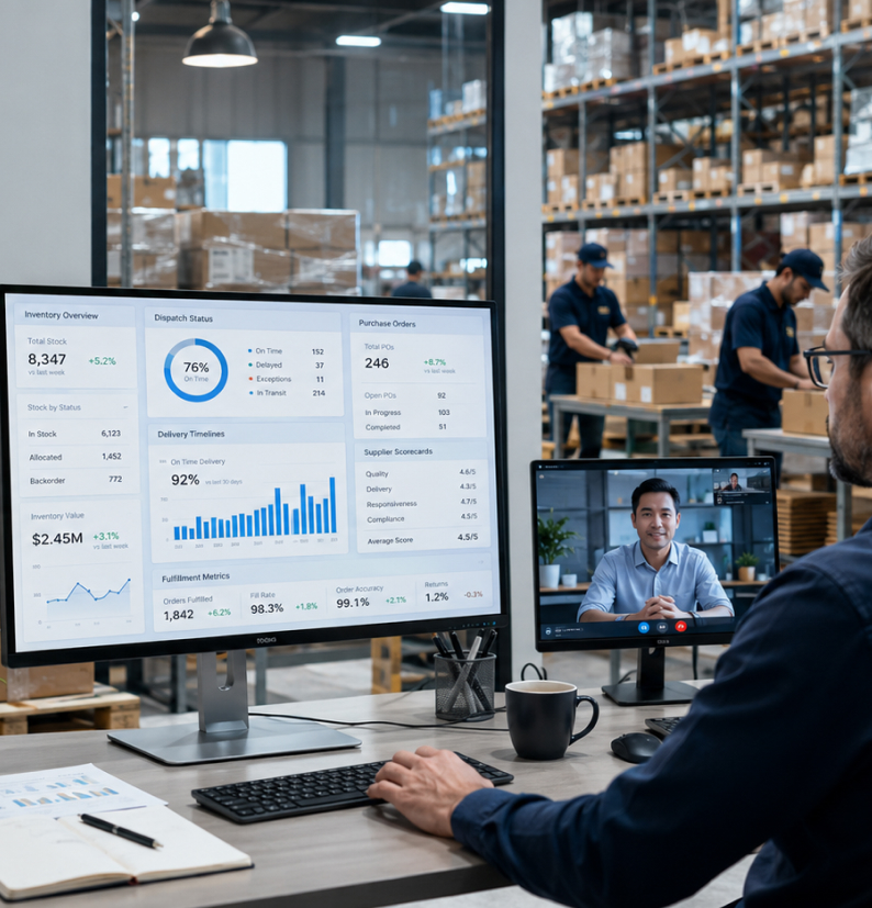 Supplier Sourcing Service - a stock and purchase-order dashboard with supplier scorecards