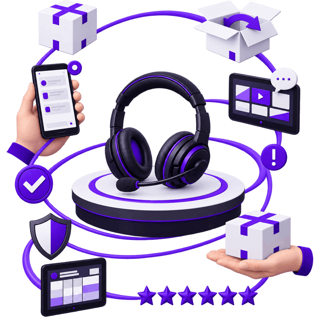 Ecommerce Customer Service Outsourcing - a headset ringed by message threads on a phone and tablet, a return being opened