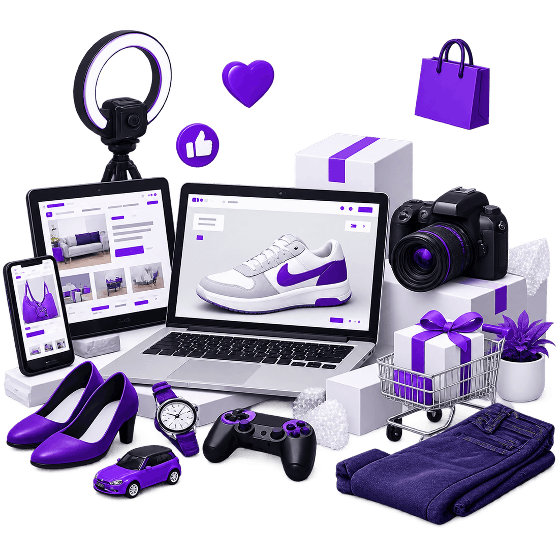 Ecommerce Product Research Services - listings open on a laptop, tablet and phone, surrounded by shoes, clothing, a watch