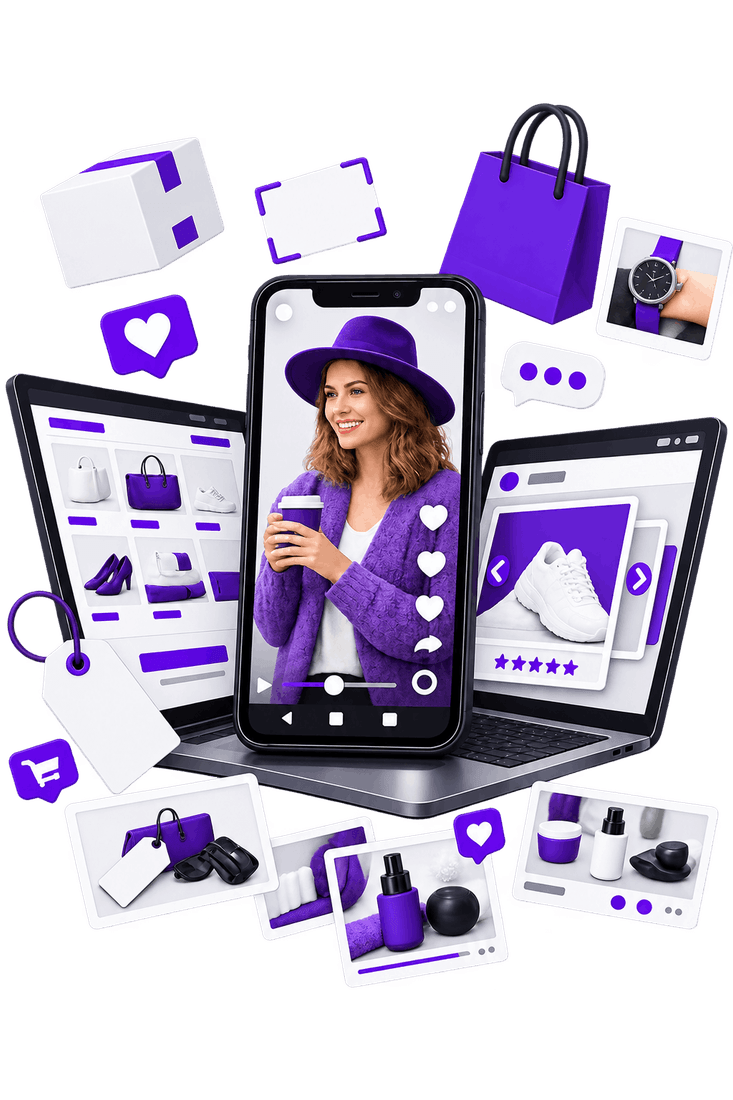 One Range Across Channels | Ecommerce Store Promotion Ecommerce Store Promotion - a storefront grid on a tablet, a short-form video post on a phone