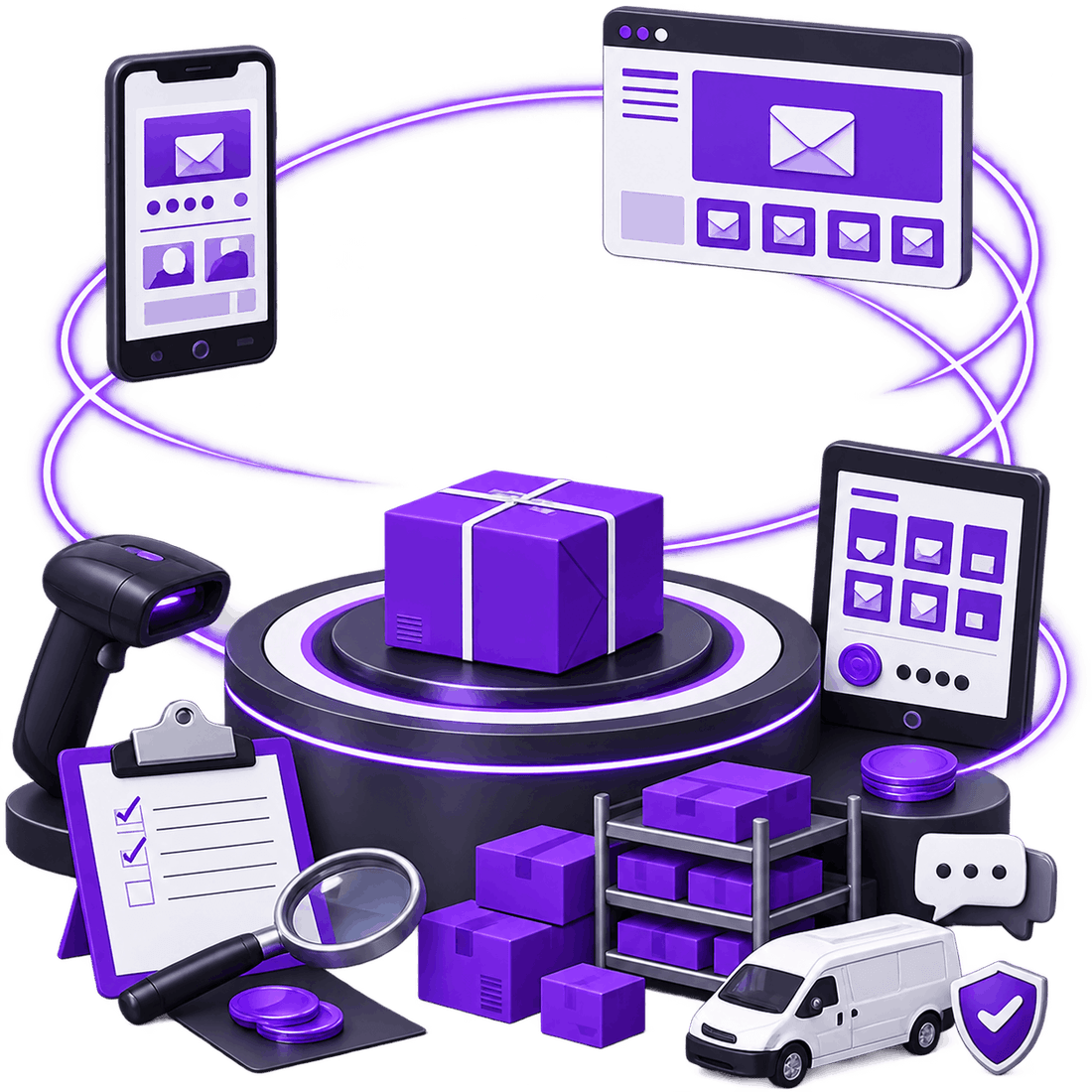 Supplier Sourcing Service - a parcel linked to supplier screens, with a barcode scanner, an approval checklist