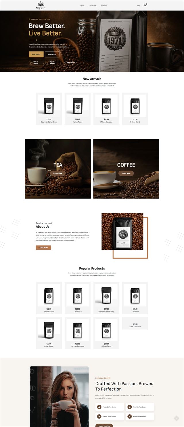 Coffee and Tea Brand Storefront | Shopify Store Development Shopify Store Development - a full-page storefront for a coffee and tea brand with a dark roastery hero