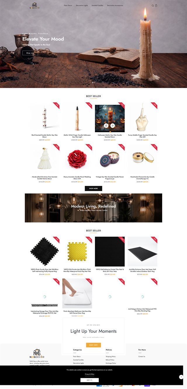 Home Decor Storefront | Shopify Store Development Shopify Store Development - a full-page storefront for a home decor brand with a candlelit hero