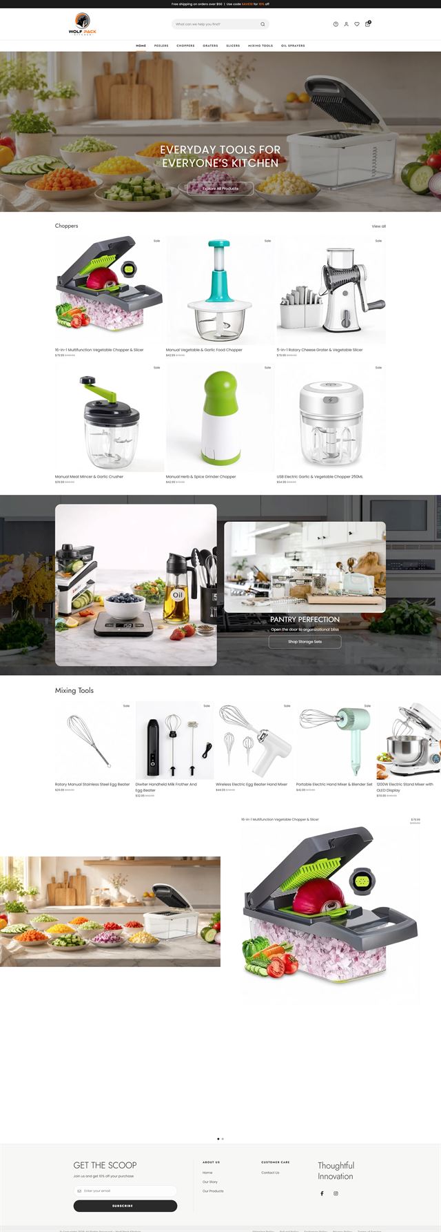 Kitchen Tools Storefront | Shopify Store Development Shopify Store Development - a full-page storefront for a kitchen tools brand with a prepared-vegetables hero