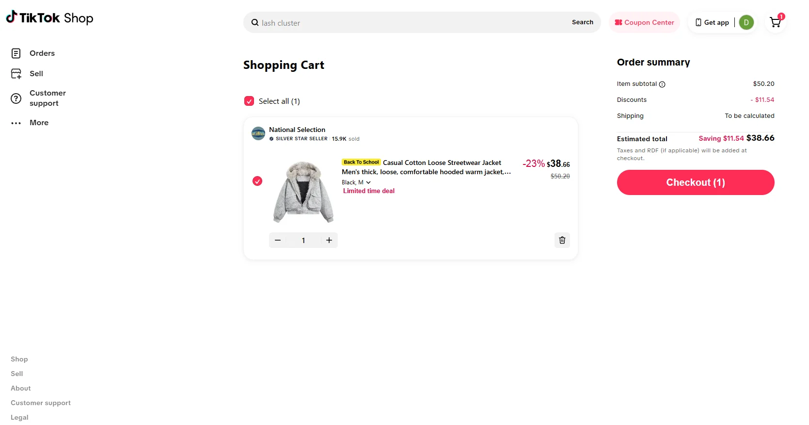 TikTok Shop Development - a TikTok Shop cart with the item, seller, options, quantity and discounted price