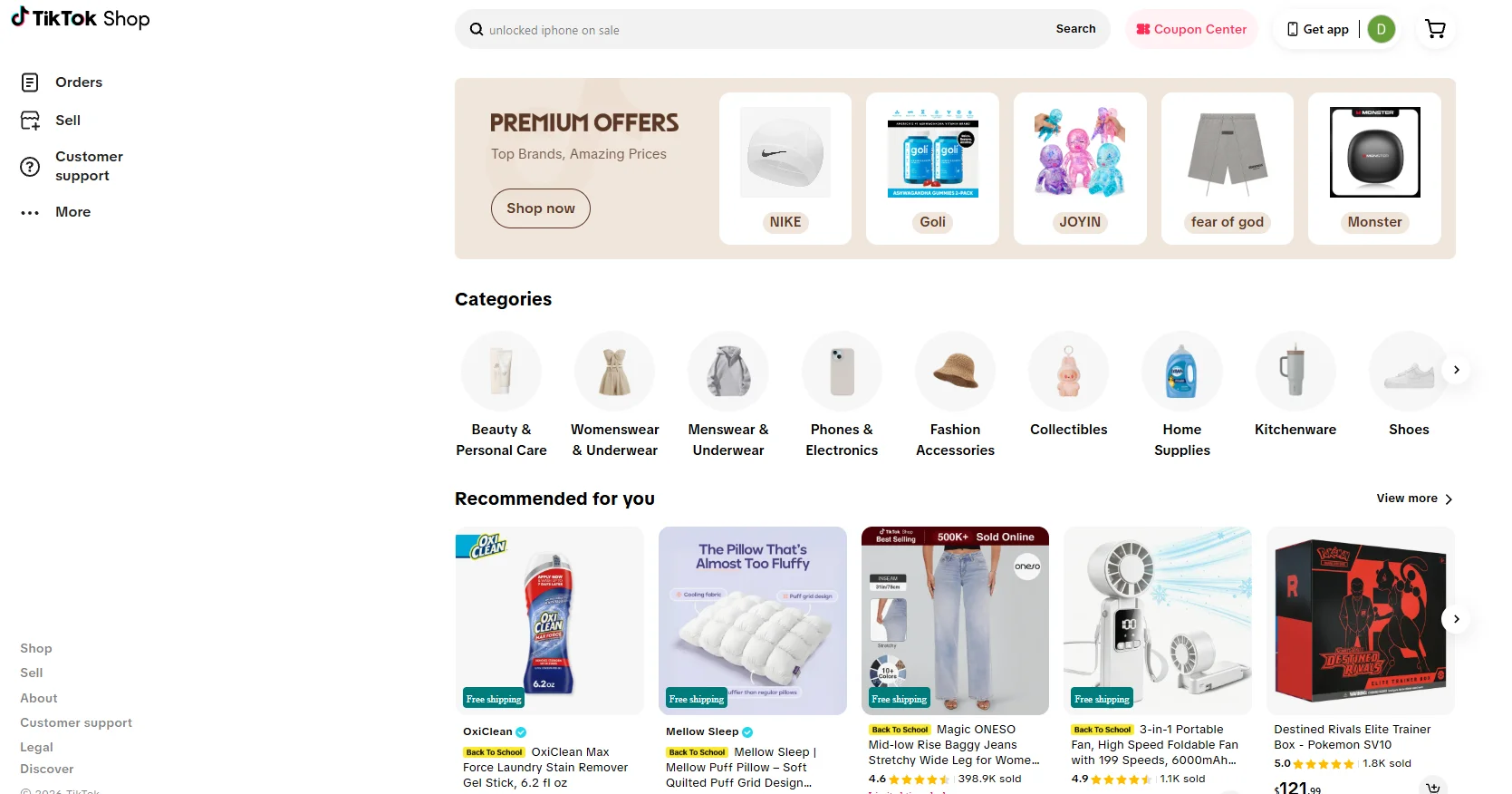 TikTok Shop Development - the TikTok Shop home page with a search bar, side navigation, an offers banner and category circles