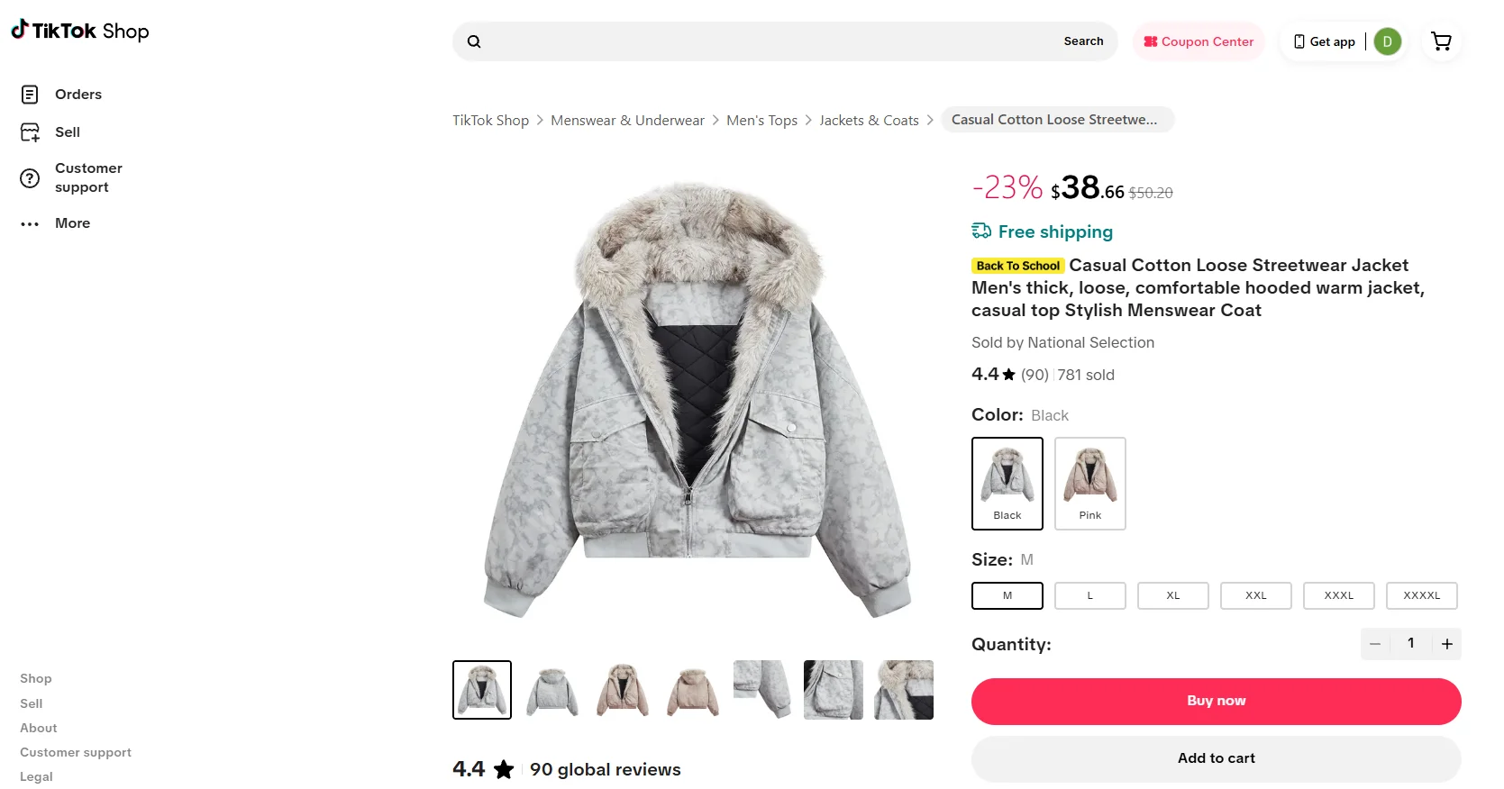 TikTok Shop Development - a TikTok Shop product page with a jacket photograph, thumbnails, discounted price, seller
