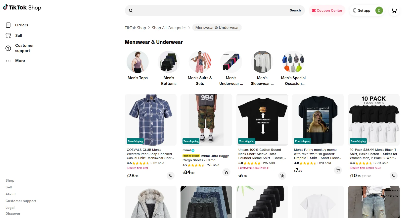 TikTok Shop Development - a TikTok Shop menswear category page with subcategory tiles above a grid of products with ratings