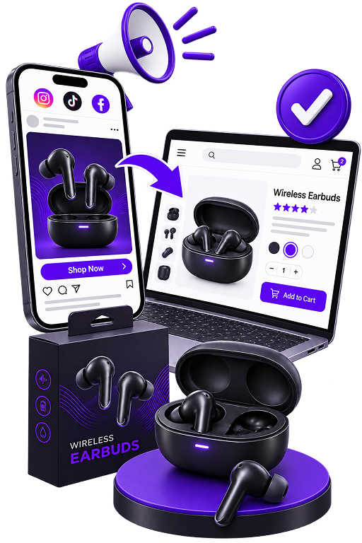 Ad and Landing Page Matched | Ecommerce Branding and Marketing Services Ecommerce Branding and Marketing Services - a megaphone over a phone showing a social post for earbuds