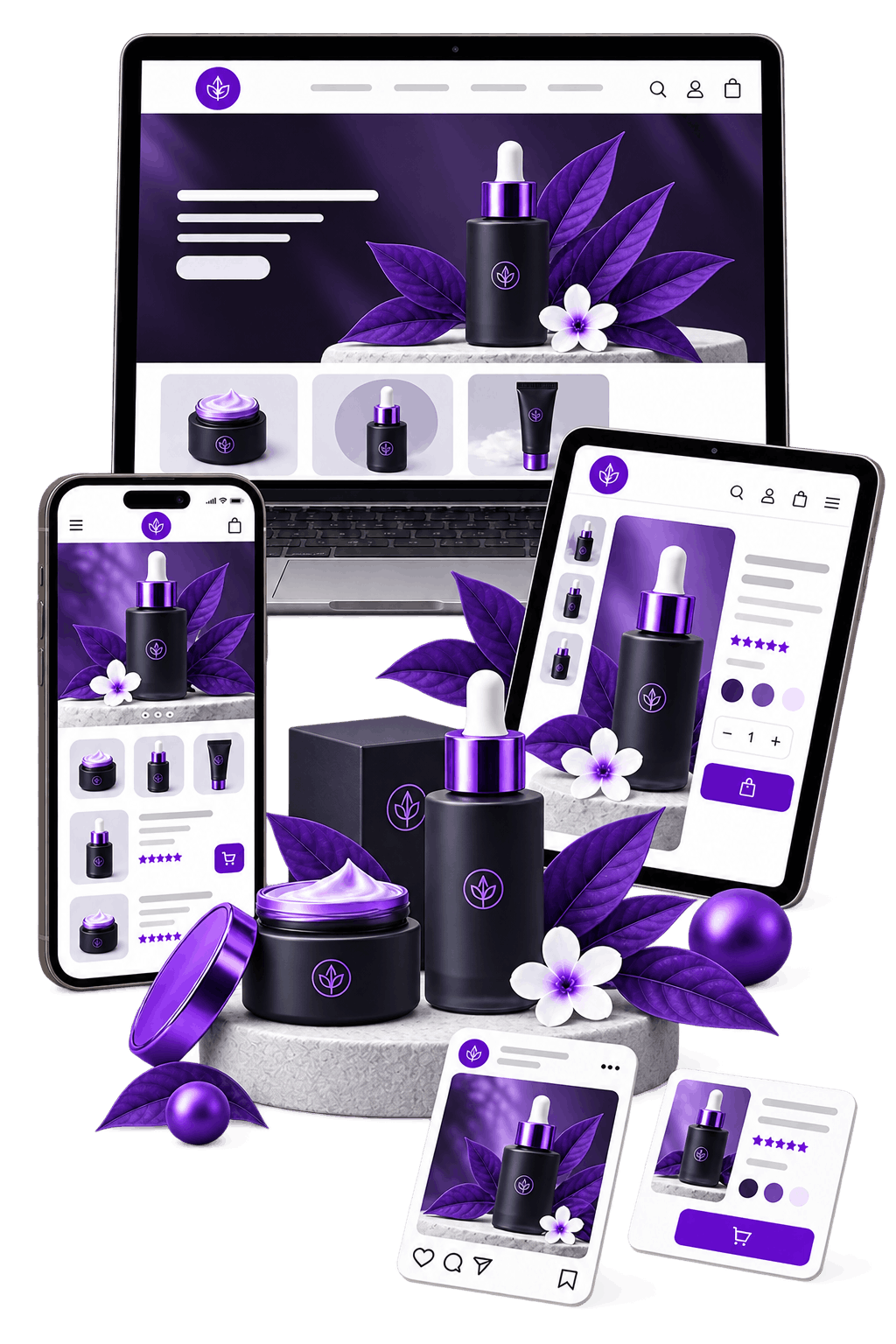 One Range, Every Format | Ecommerce Branding and Marketing Services Ecommerce Branding and Marketing Services - a skincare range holding its look across a laptop storefront, a phone listing
