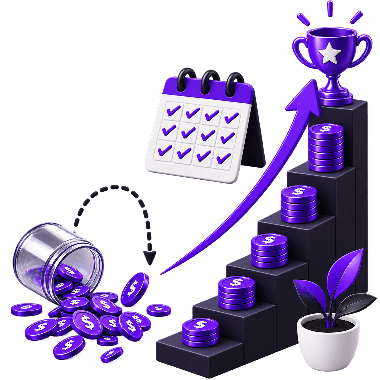 Small Regular Effort Compounding | Ecommerce Content Creation Services Ecommerce Content Creation Services - coins tipped from a jar onto rising steps of stacked coins leading to a trophy