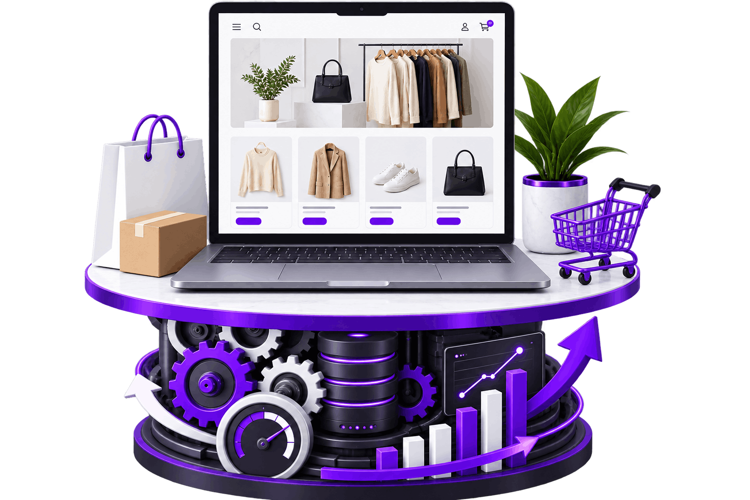 Machinery Under the Storefront | Ecommerce Conversion Rate Optimisation Ecommerce Conversion Rate Optimisation - an unchanged storefront on a laptop with gears, servers, a performance gauge