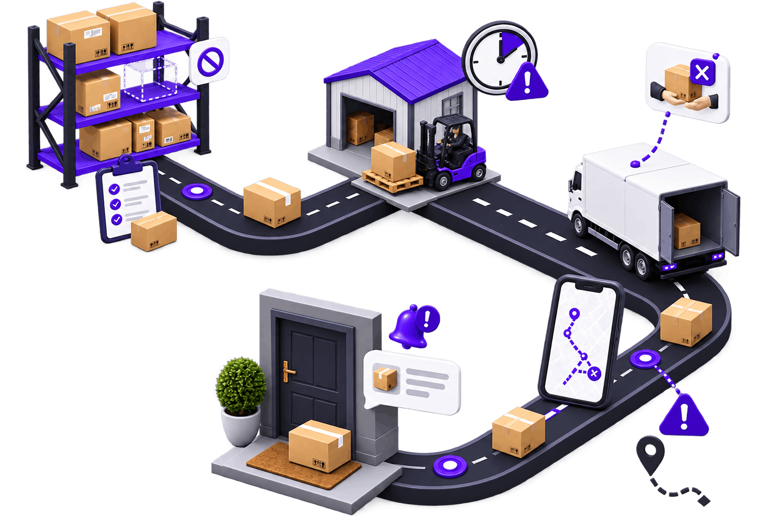 Order Fulfilment Services - one order route from stocked shelves through a warehouse and van to a doorstep