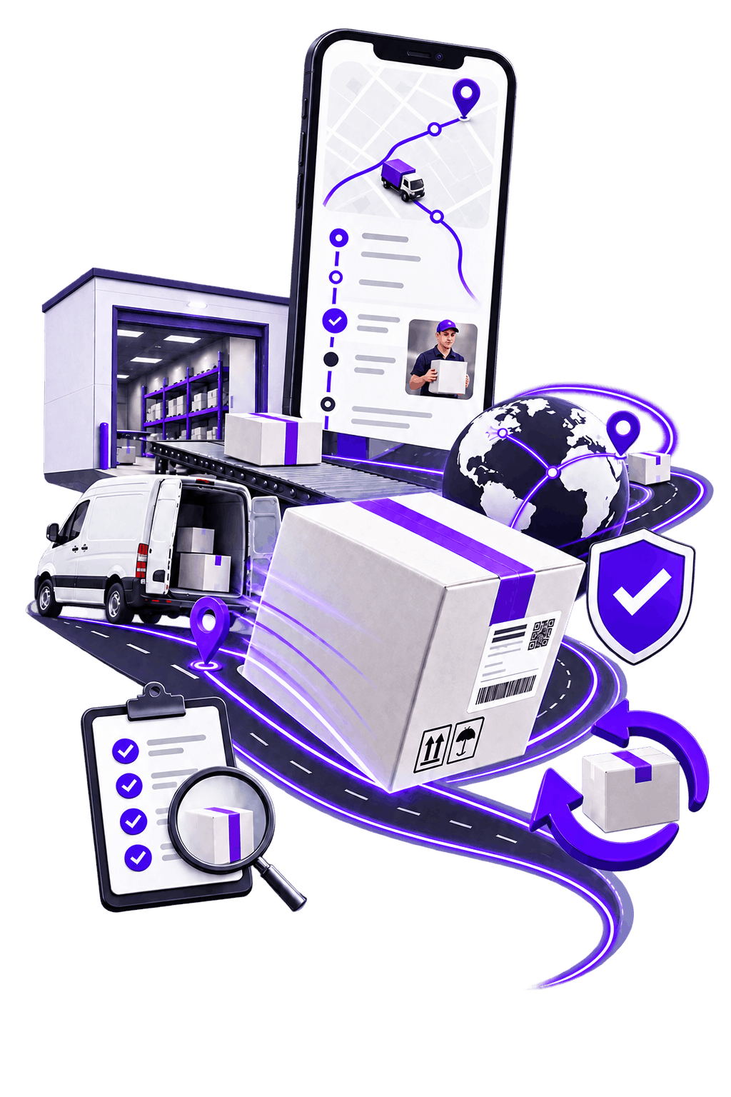 Ecommerce Returns and Delivery Management - a loading bay feeding a conveyor of parcels, a van being loaded