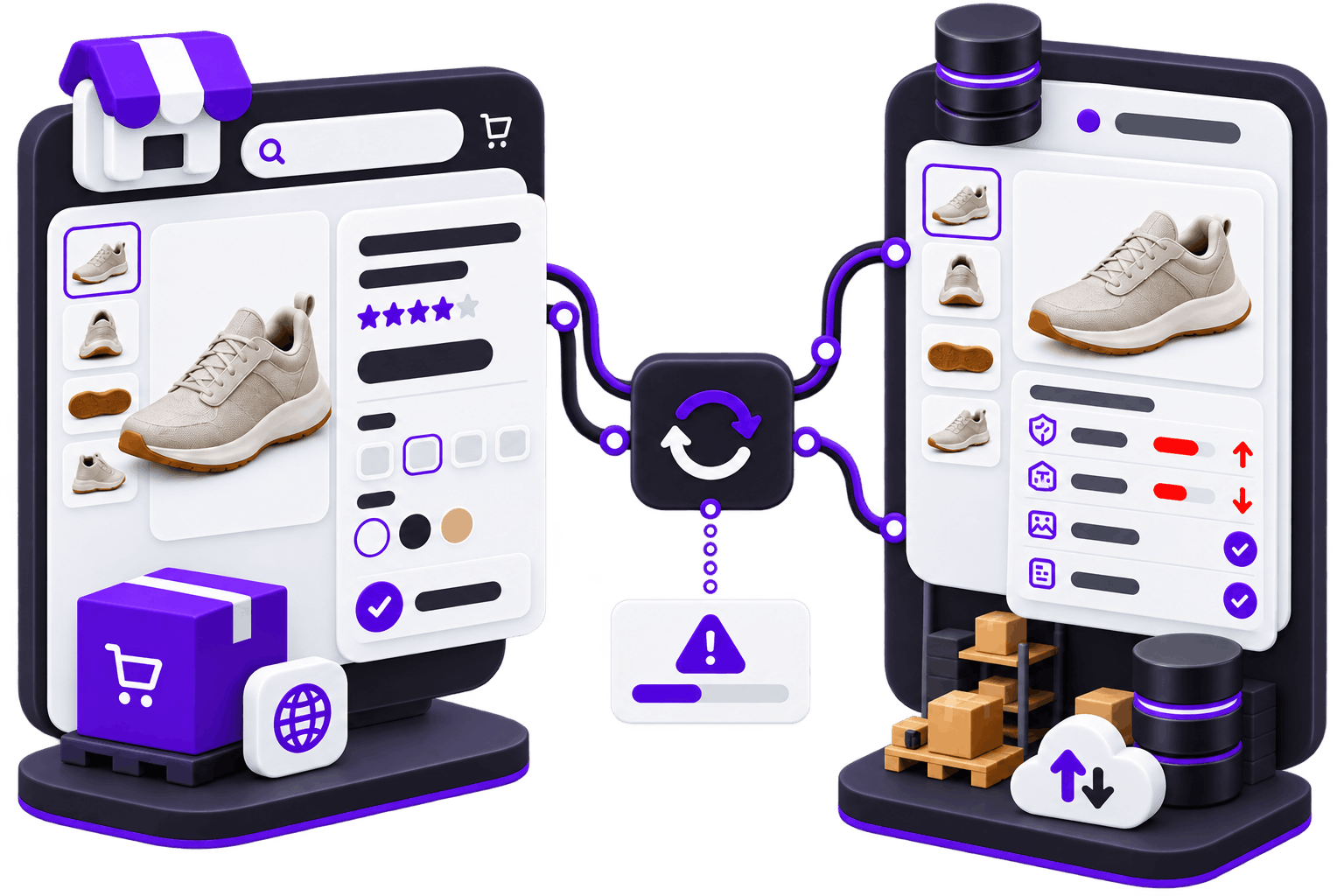 Product Listing and Supplier Management - a listing and the supplier record behind it joined by a sync icon that raises