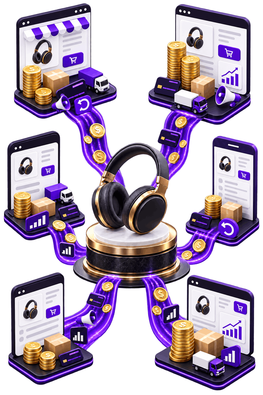 One Product, Six Channels | Ecommerce Profit Margins Ecommerce Profit Margins - a single pair of headphones with routes to marketplace, storefront and mobile listings