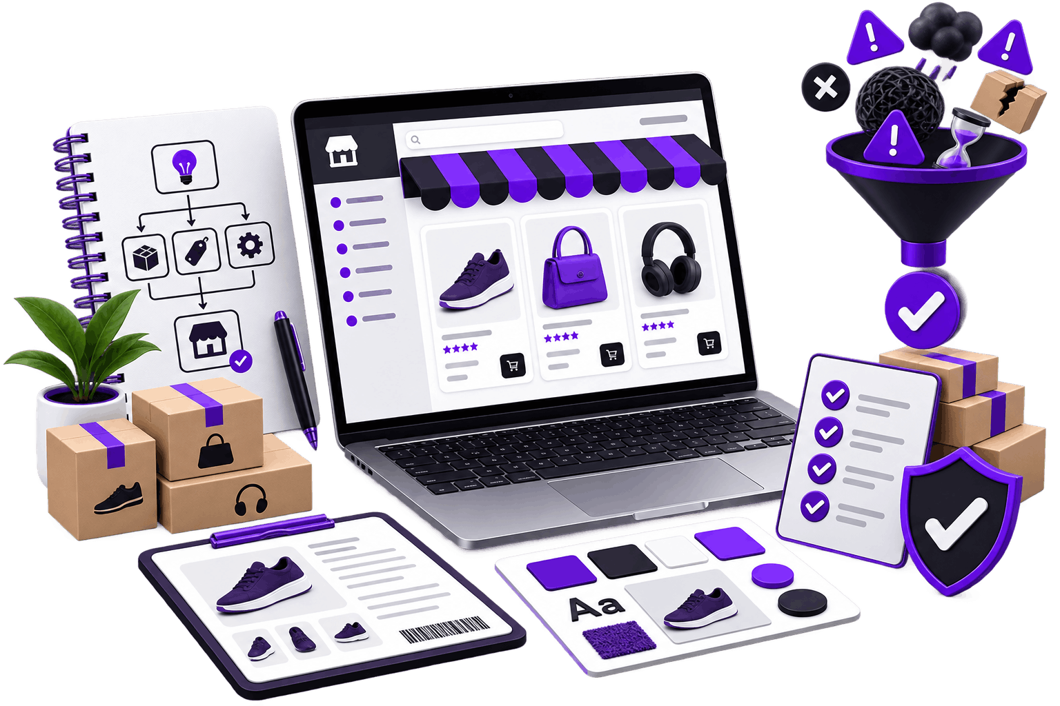 Decisions Settled Before the Build | Online Store Management Service Online Store Management Service - a laptop storefront beside a notebook mapping store structure
