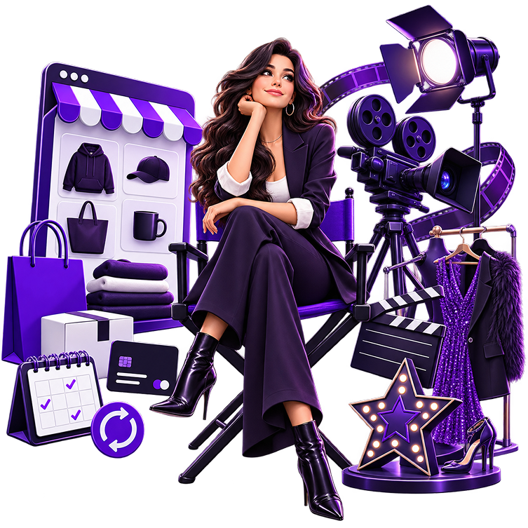 Ecommerce Side Income for Actors - an actor in a director's chair beside a film camera, studio light and clapperboard