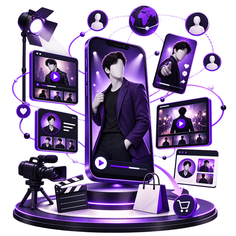 Ecommerce Side Income for Actors - an actor on a phone screen on a plinth, ringed by video players