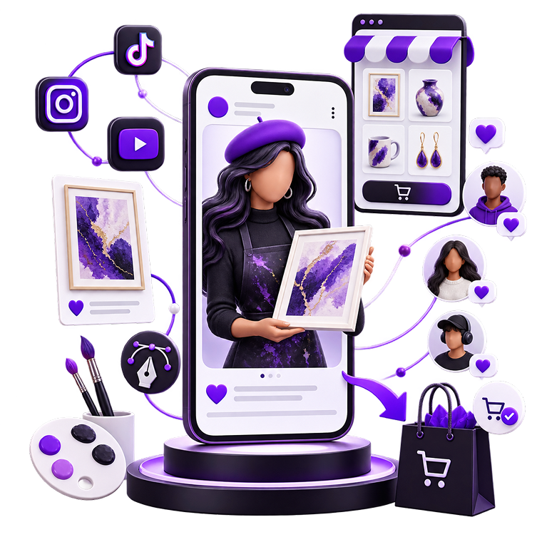 Ecommerce Store for Artists - an artist holding a framed painting on a phone screen, with a mobile shop grid of prints