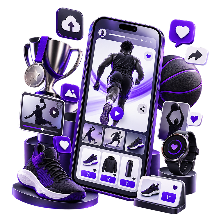 Athlete Merchandise Store - a phone showing an athlete's feed and merchandise grid, with a trophy and medal