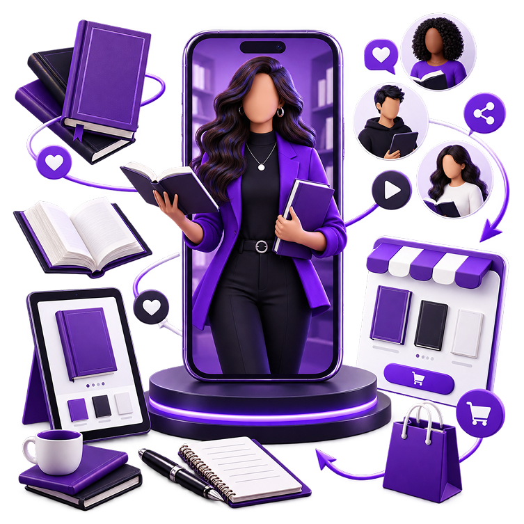 Passive Income for Authors - an author stepping out of a phone screen with an open book, among stacked books