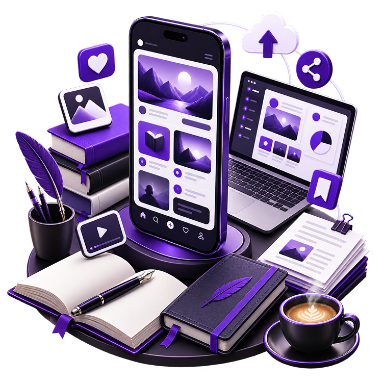 Passive Income for Authors - a phone showing a book feed beside a laptop dashboard, with stacked books
