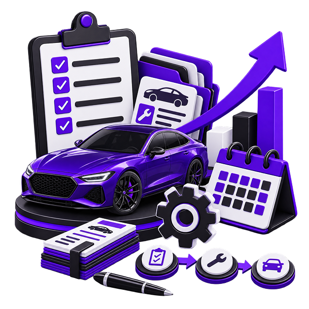 Sell Auto Parts Online - a car on a plinth before a checklist clipboard, service record cards, a rising bar chart
