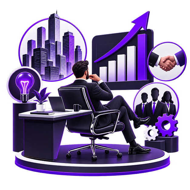 Add Ecommerce to your Existing Business - a business owner at a desk on a raised plinth, ringed by panels