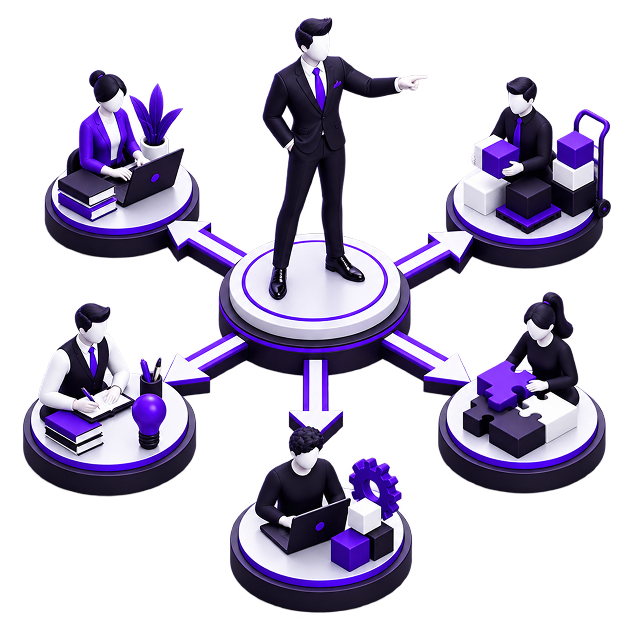 Add Ecommerce to your Existing Business - an owner on a central plinth with arrows out to five people handling admin, stock
