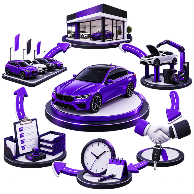 Additional Income for Car Dealerships - a car on a plinth at the centre of a cycle through a showroom, a workshop ramp
