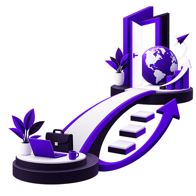 Start an Online Business While Working Full Time - a desk with a laptop and briefcase at the foot of a rising path climbing