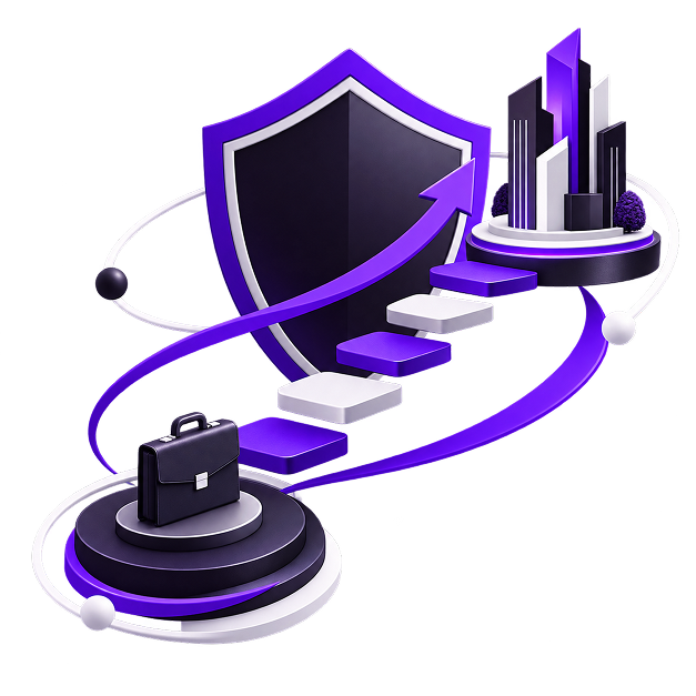 Start an Online Business While Working Full Time - a briefcase on a plinth with a rising arrow climbing past a shield