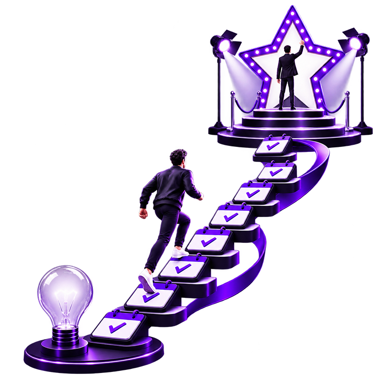Celebrity Merchandise Business - a figure climbing a winding staircase of checklist steps