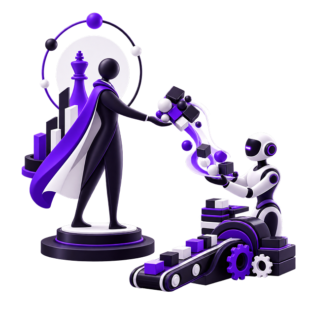 Passive Ecommerce Income for Consultants - a figure on a plinth handing work across to a robot at a conveyor