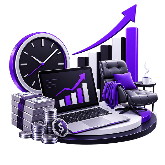 Passive Ecommerce Income for Consultants - a laptop showing a rising chart beside a clock, banknotes