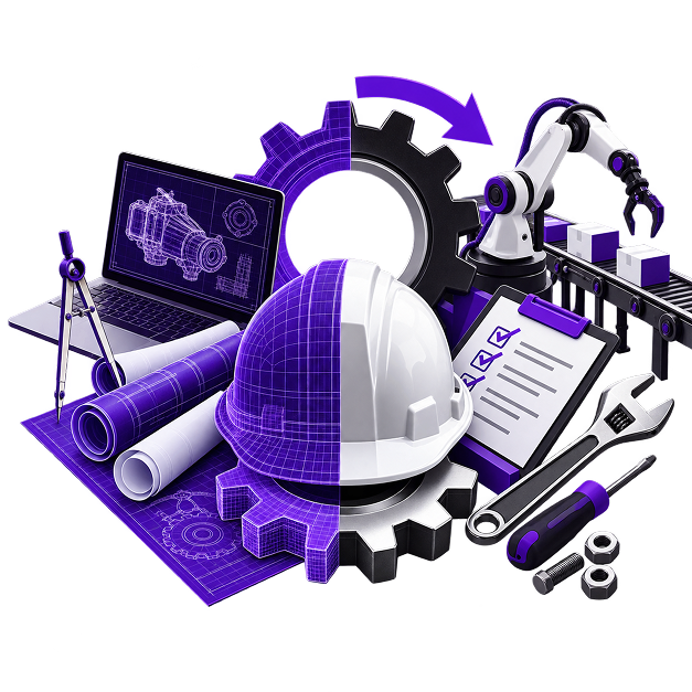 Side Business Ideas for Engineers - a hard hat and gears with a laptop showing a CAD drawing, rolled blueprints