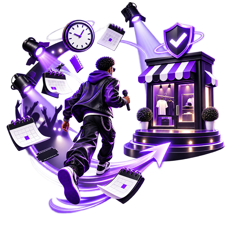 Merch Store for Entertainers - a performer with a microphone running from a spotlit stage