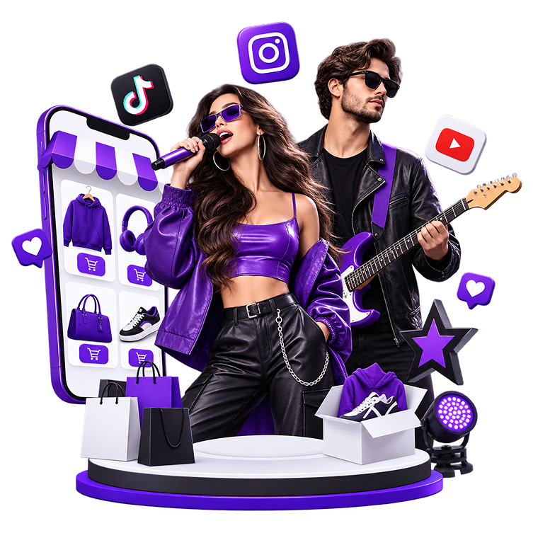 Merch Store for Entertainers - two performers, one singing and one with a guitar, before a phone