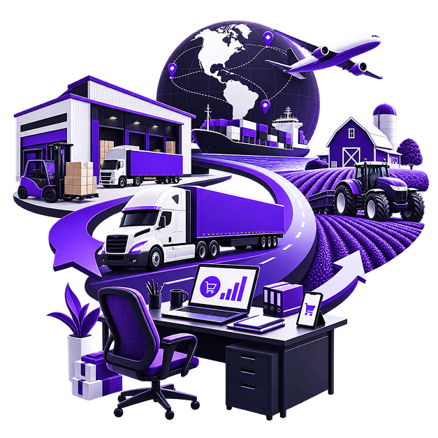 Sell Farm Products Online - a desk with a laptop showing store sales below a haulage lorry