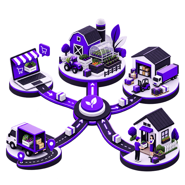 Sell Farm Products Online - a farm with a barn, greenhouse and crop crates at the top of a route network running out