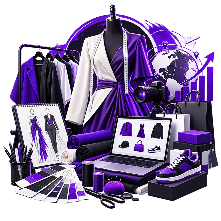Sell Fashion Designs Online - a dressed mannequin and garment rail beside design sketches, fabric swatches, a colour fan