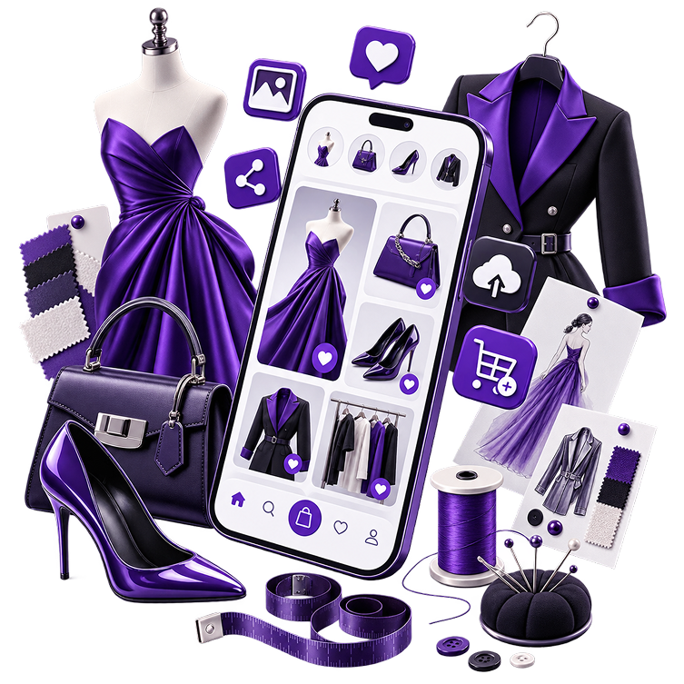 Sell Fashion Designs Online - a phone showing a fashion shop grid, flanked by a mannequin in an evening gown