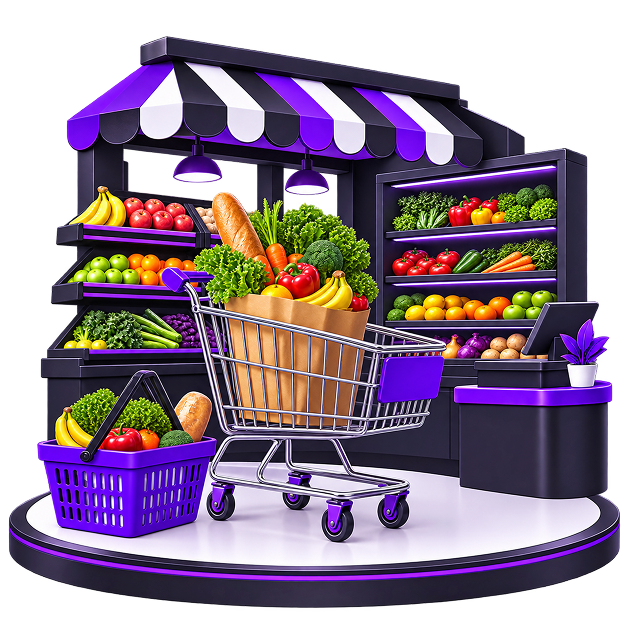Take your Grocery Store Online - a grocery shopfront on a plinth with stocked produce shelves, a checkout counter